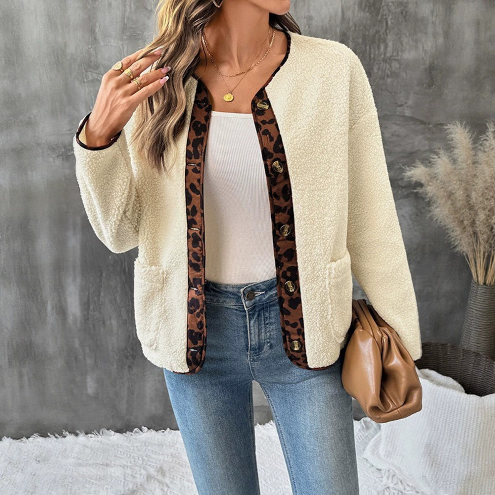 Fall Winter Luxury Leopard Color Block Furry Short Cardigan Women